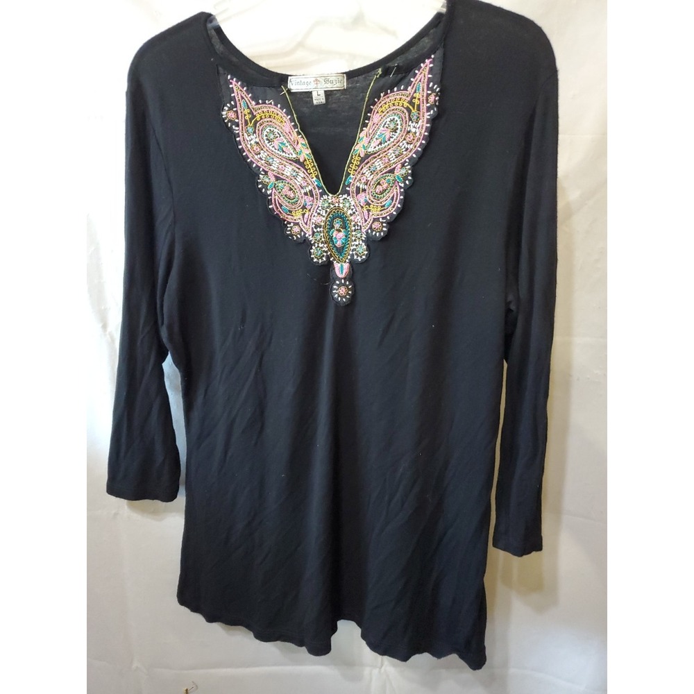Vintage Suzie - Beautiful Black Embroided Top 3/4 Sleeve Size L